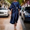 Langer Faltenrock Damen Damen Satin Fledermausärmel Maxikleid, Strassakzent Rundhalsausschnitt Leichtes Sommerkleid Abendparty A-Linie