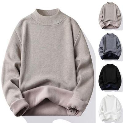 Men Fall Winter Sweater Thick Plush Lined Half-high Collar Knitted Solid Color Elastic Pullover Loose Keep Warm Work School Sweater