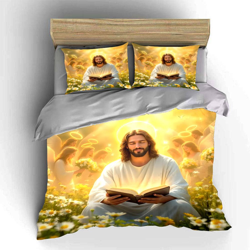 Saints Reading Amidst Angels Print Bedding Set 1 Duvet Cover 2 Pillowcases for Adult and Children Luxury Gift Full Size