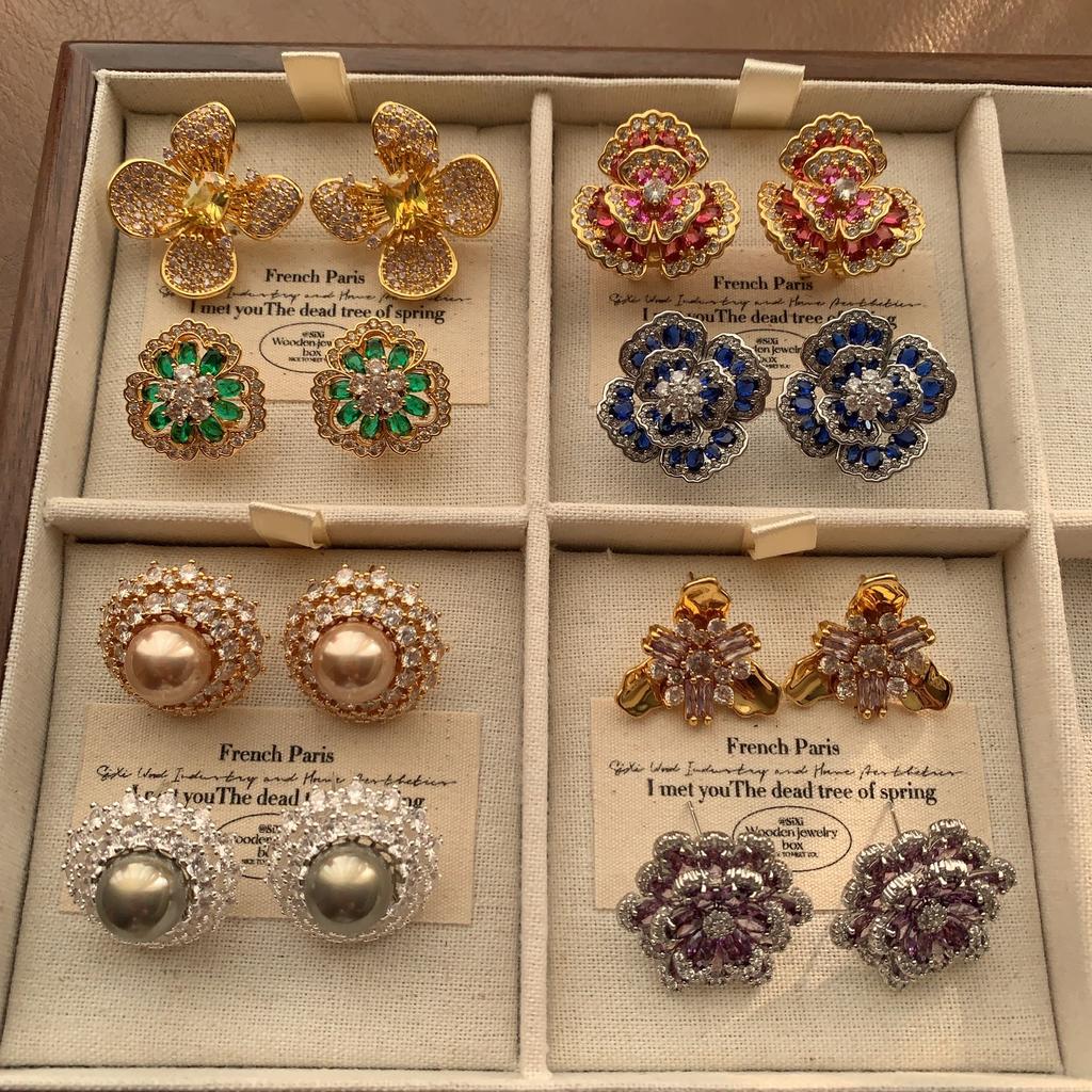 Exquisite Multi-Colored Flower Clusters Shining Zircon Stud Earrings Light Luxury High-End Earrings Elegant Temperament Versatile