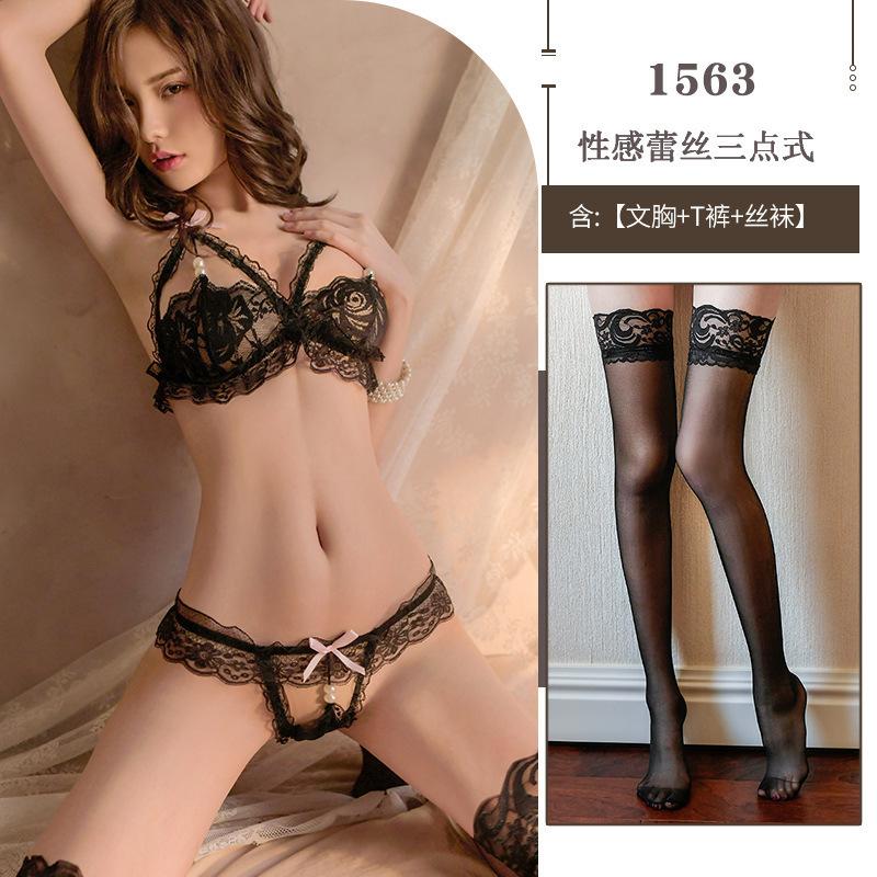 Sweet and sexy bow hollow bra mesh pearl open chest lace open crotch thong set