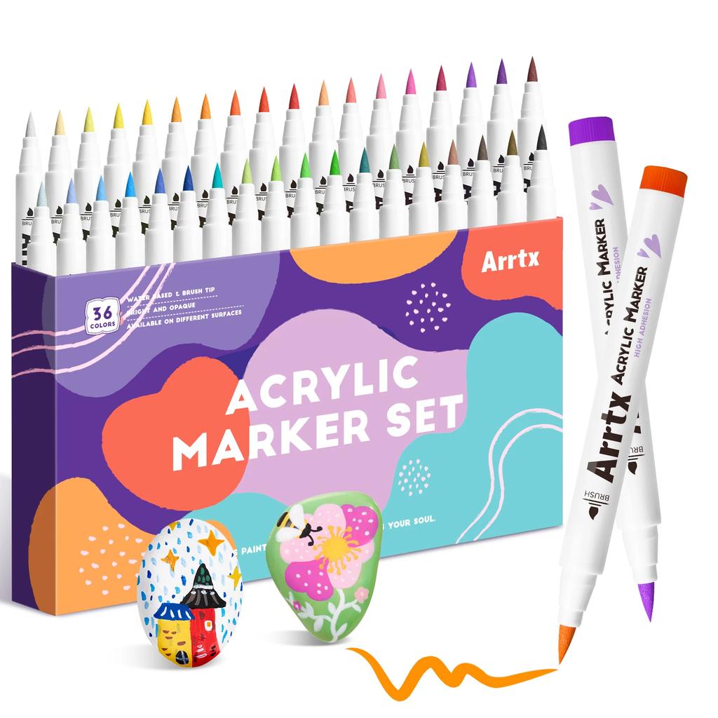 Arrtx Acrylic Markers Brush Tip Acrylic Paint Pens for Rock Painting Glass Stone Wood Ceramic Fabric DIY Crafts