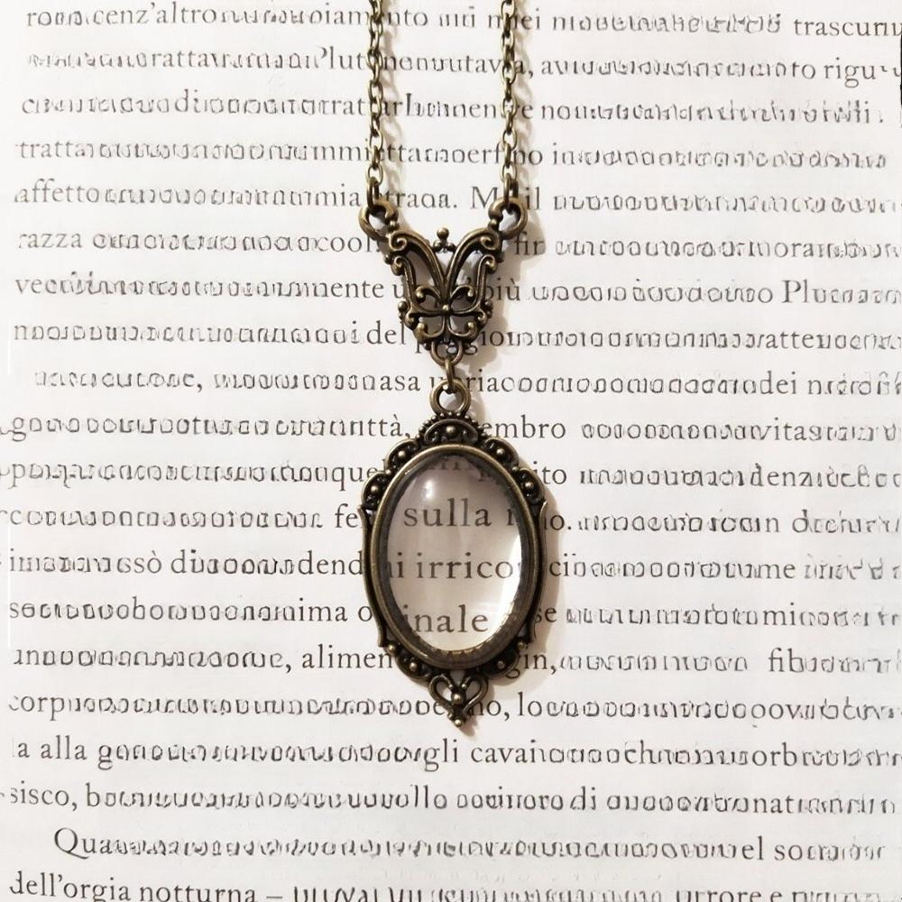 Punk Fashion Geometric Oval Bronze Color Laciness Magnifying Glass Pendant Necklace for Women Men Book Lovers Charm Jewelry Gift