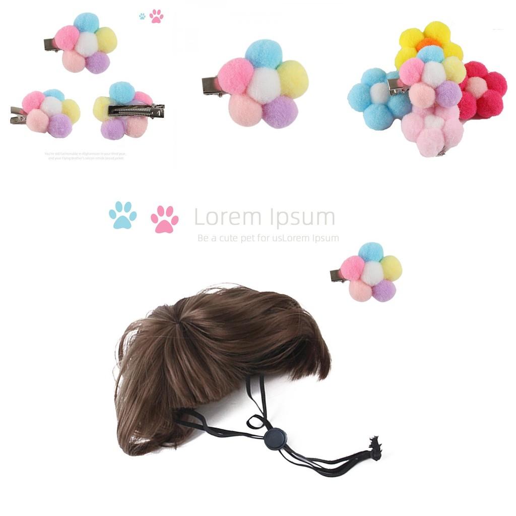 Stylish Pet Wig Accessory Set For Dogs With Cute Brown Bob Hairstyle And Floral Hairpins
