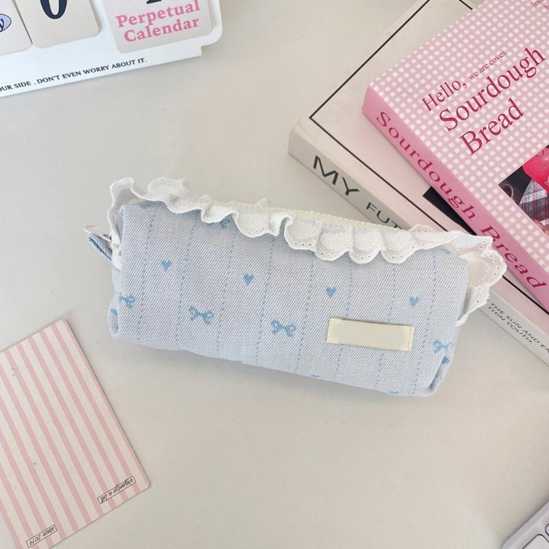 Lace Trim Pencil Case with Top Closure, Embroidered Heart Design for School Supplies, Desk Storage and Journaling