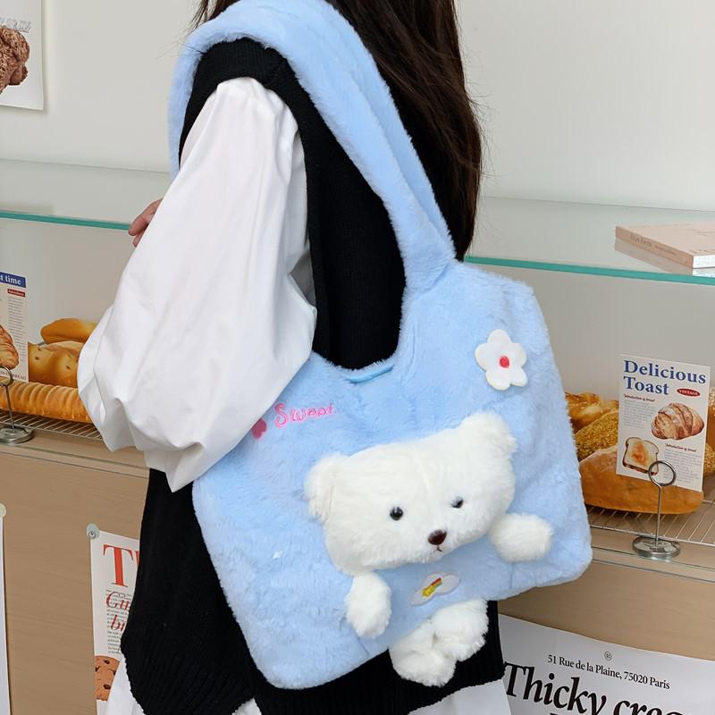Autumn/Winter Women's Plush Cartoon Tote Bag with Large Capacity