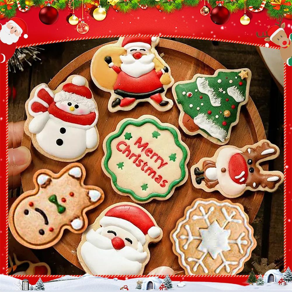8 PCS Christmas Cookie Molds Christmas Dough Stamps Plastic 3D Cartoon Pressable Cookie Molds DIY Candy Baking Pastry Decoration