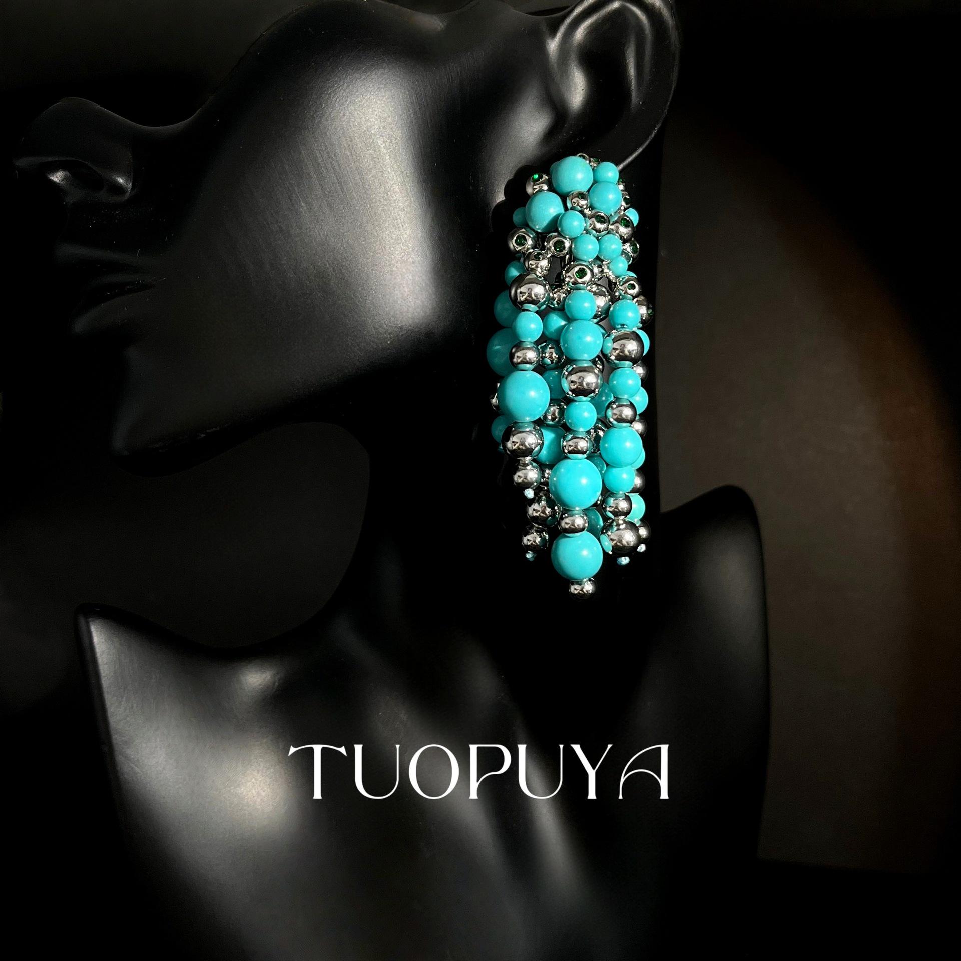 Handmade Turquoise Beaded Shoulder Duster Earrings: Exquisite Long Ear Clips
