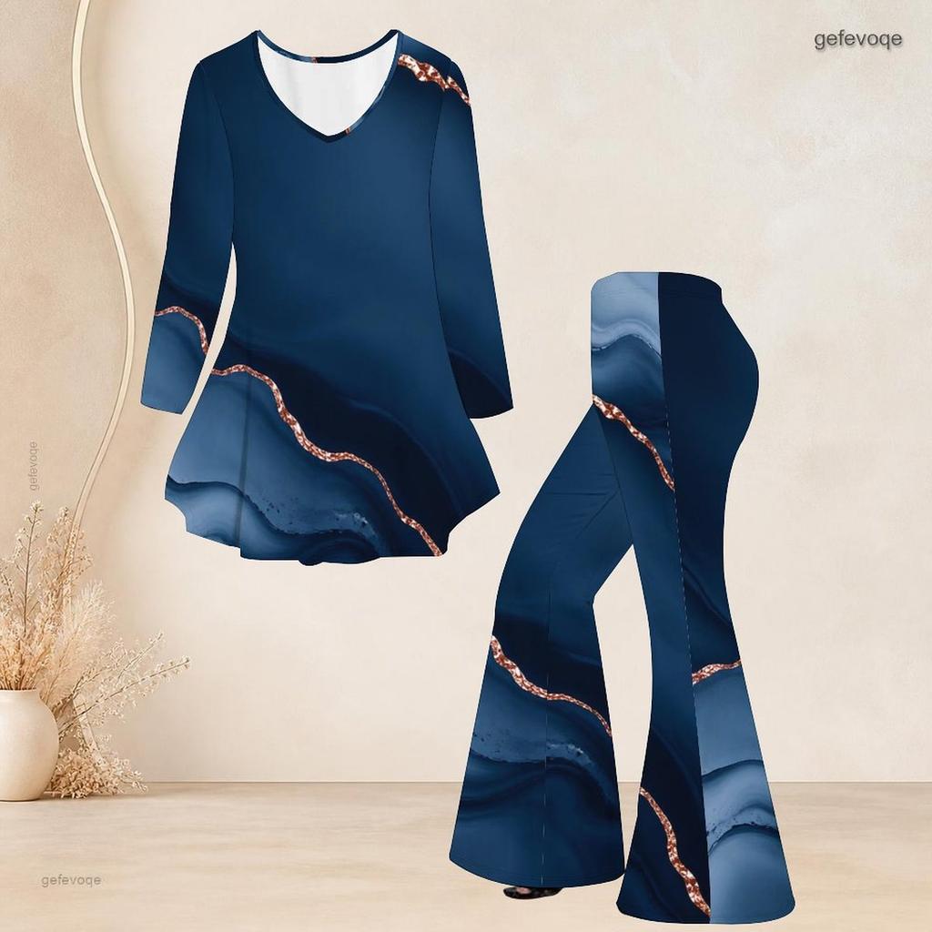 Women Plus Size V Neck Three Quarter Sleeve Printed Blue Flared Top And Flared Pants Two Piece Set