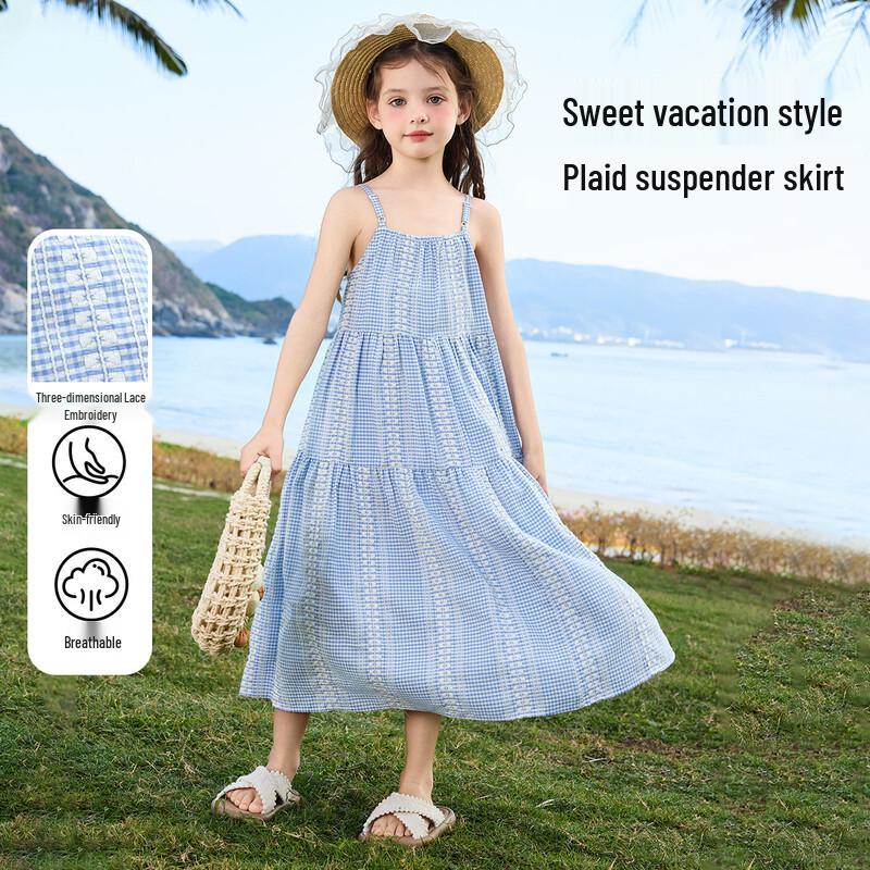 ASK JUNIOR Girls  Gingham Lace Strap Princess Dress 150