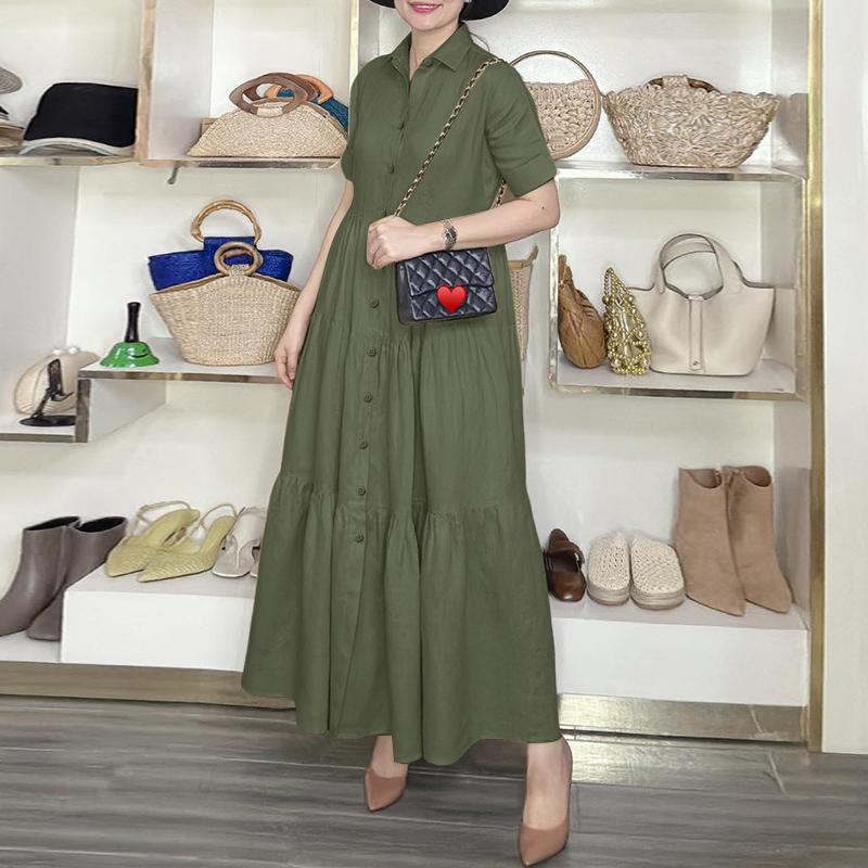 ZANZEA Women Casual Turn Down Collar Loose Short Sleeve Long Dress