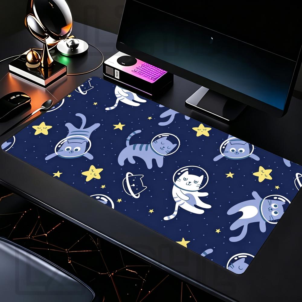 Kawaii Astronaut Cat Mouse Pad Cartoon Space Kitten Starry Sky Large Desk Mat Office Gaming Laptop Non-Slip Rubber Keyboard Pad