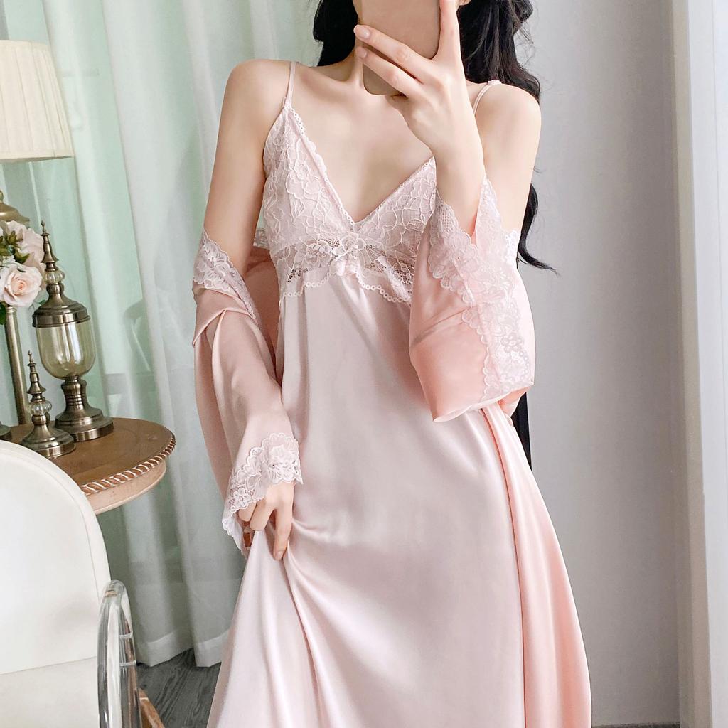 1011 New Ice Silk Suspender Nightdress Women's Spring and Autumn Dress Robe Two-piece Set Pure Desire Wind Sexy with Chest Pad Long