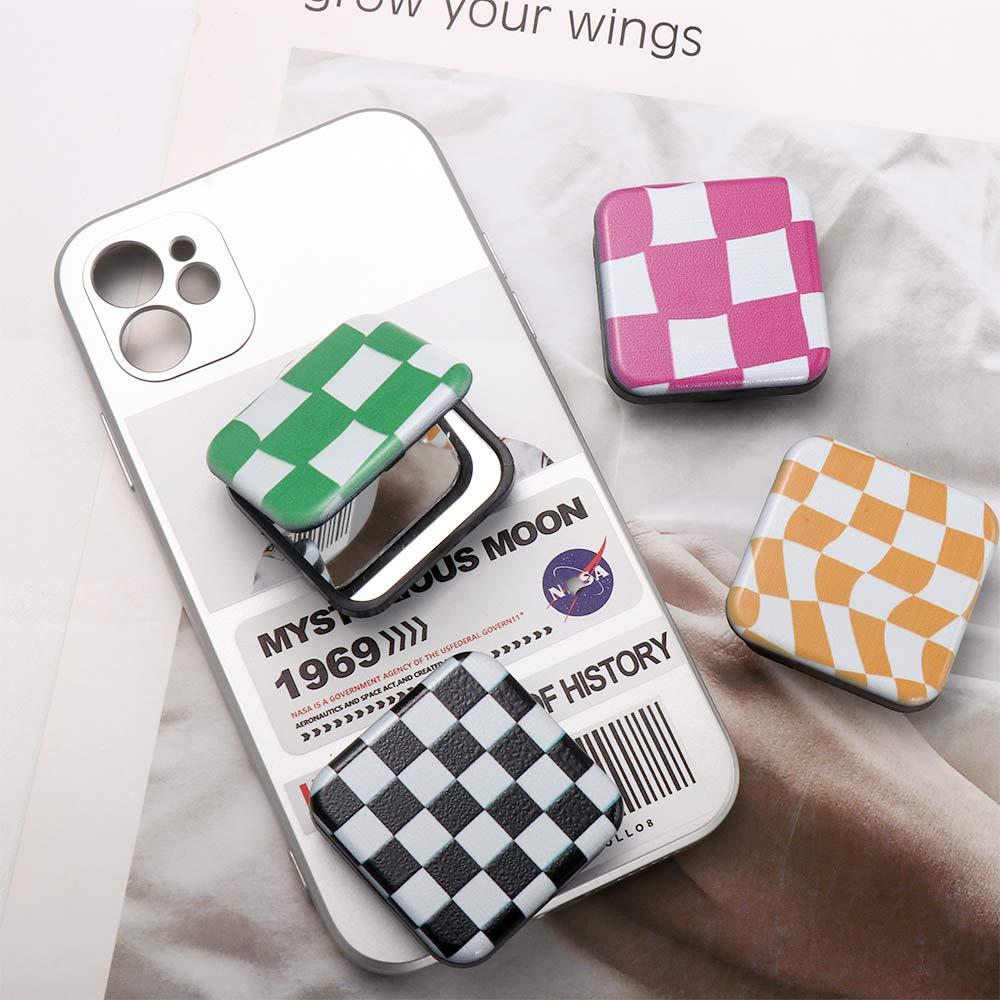 Her Women Girls Folding Phone Bracket Makeup Mirror Plaid Mirror Phone Stand Holder Cosmetic Mirror