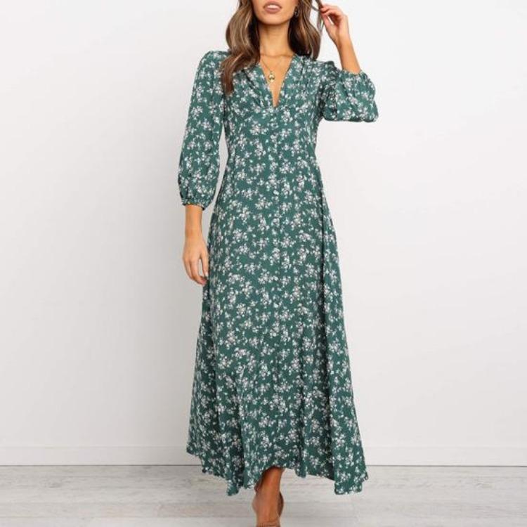 Floral Print Maxi Dress for Women Long Sleeve V Neck High Waist A Line Long Dress Casual Wear for Beach Weddings Parties