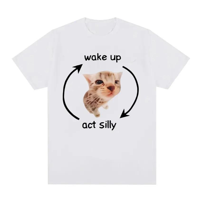 Wake Up Act Silly Meme Graphic T Shirt Funny Cute Cat Print Short Sleeve T-shirt Men Women Casual T Shirts