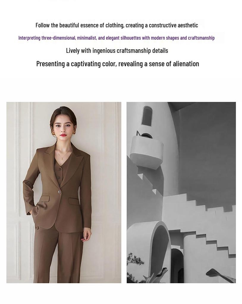 Women's Dark Brown Lyocell Blazer with Wide-Leg Pants Three-Piece Business Set