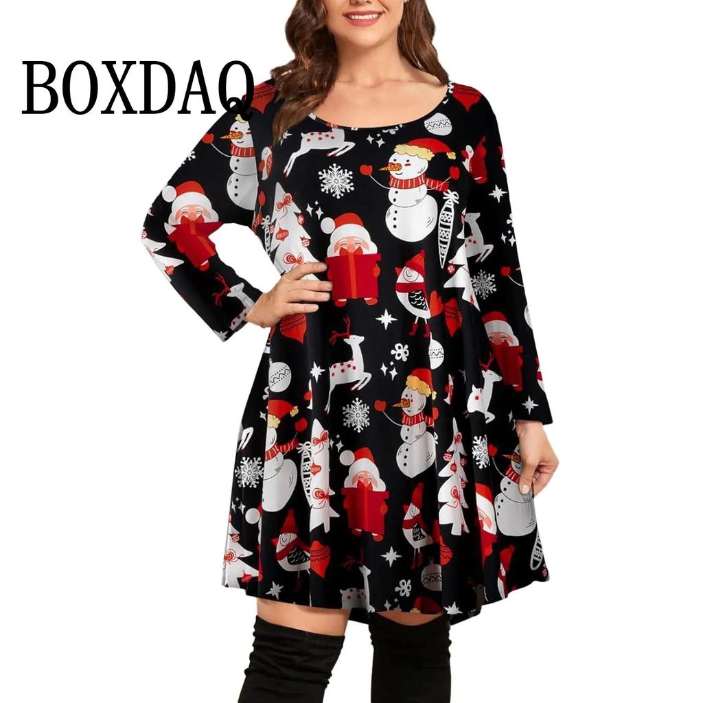 Casual Christmas Dress For Women Plaid Long Sleeve Christmas 3D Printed Loose A-Line Dress Plus Size Autumn Winter Dresses
