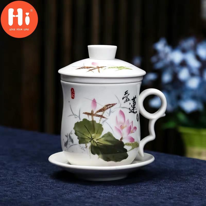 Hi Blue and White Porcelain Office Teacups with Lid Filter Creative Ceramic Hand-Painted Water Cups Household Drinkware Gifts