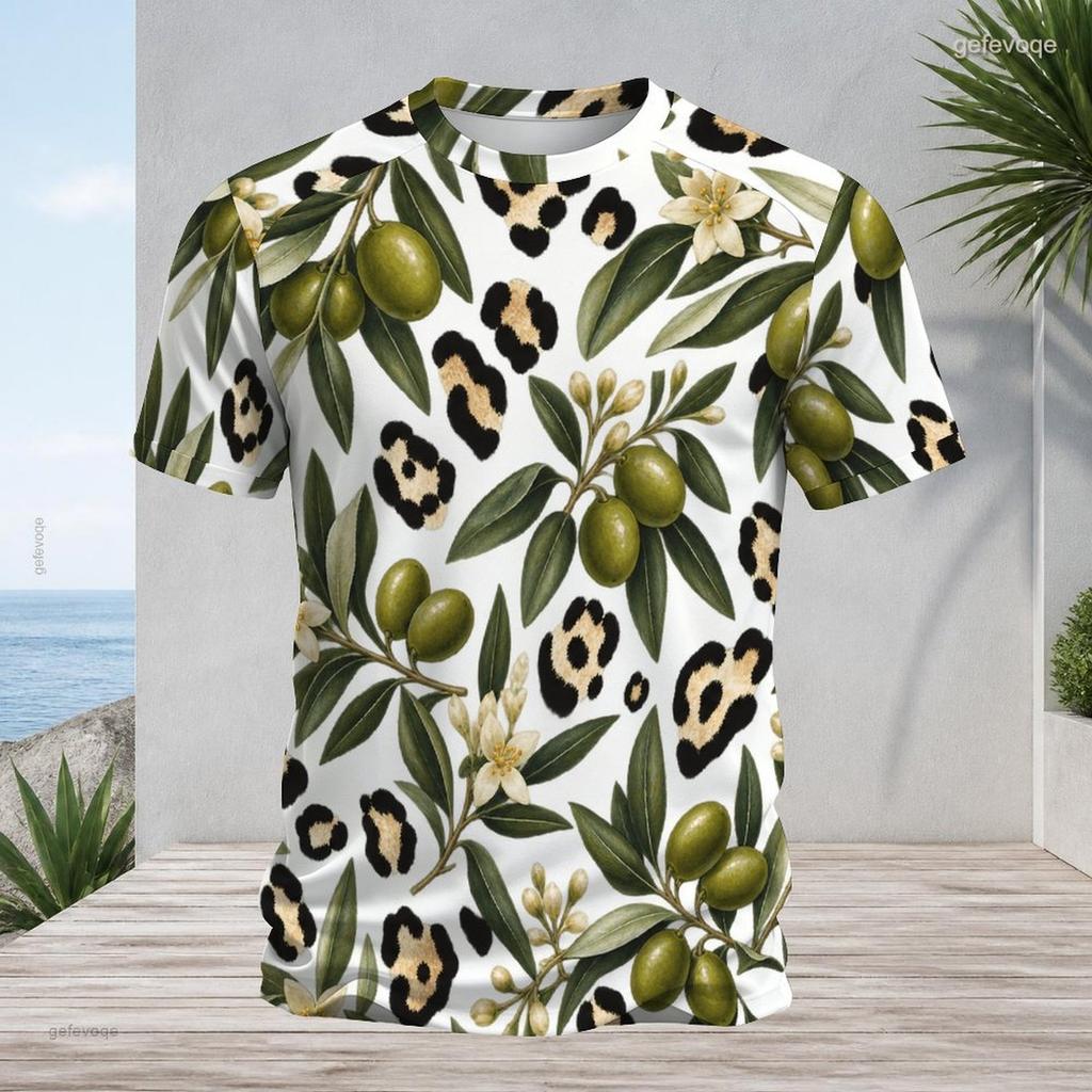 Mens Plus Size Round Neck Raglan Short Sleeve Olive Leopard Printed T Shirt