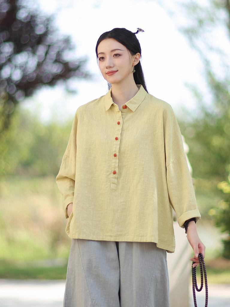 Johnature Women Vintage Shirts Tops Turn-down Collar Solid Color Blouses Autumn Button Soft Shirts