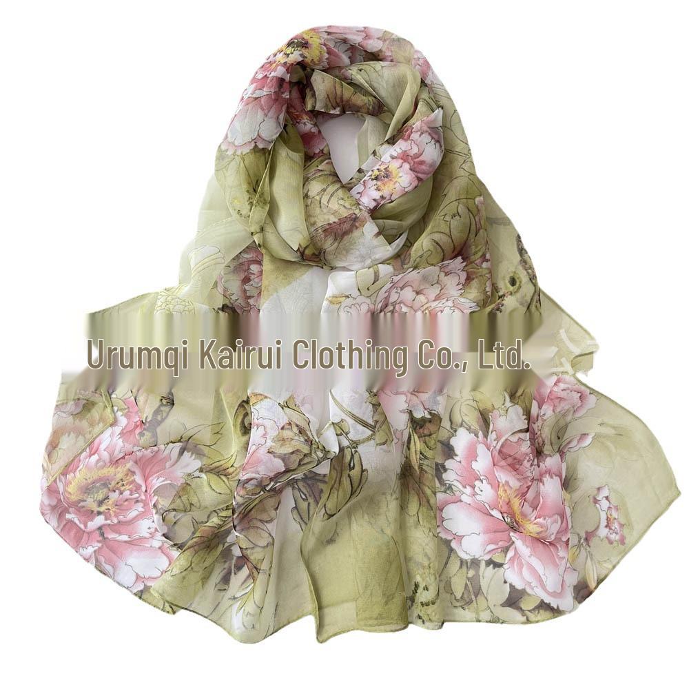 New Summer Korean-Style Peony Women's Long Chiffon Silk Scarf - Sun Protection