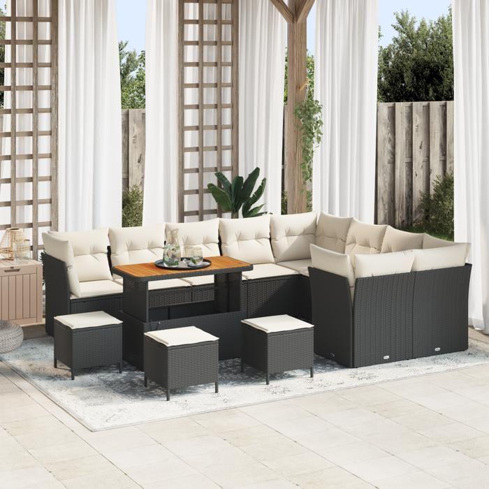 Ensemble de canapé de jardin 13 pièces avec coussins Noir Rattan PE Acacia, Ensemble de salle à manger de jardin 4 pièces 3363480