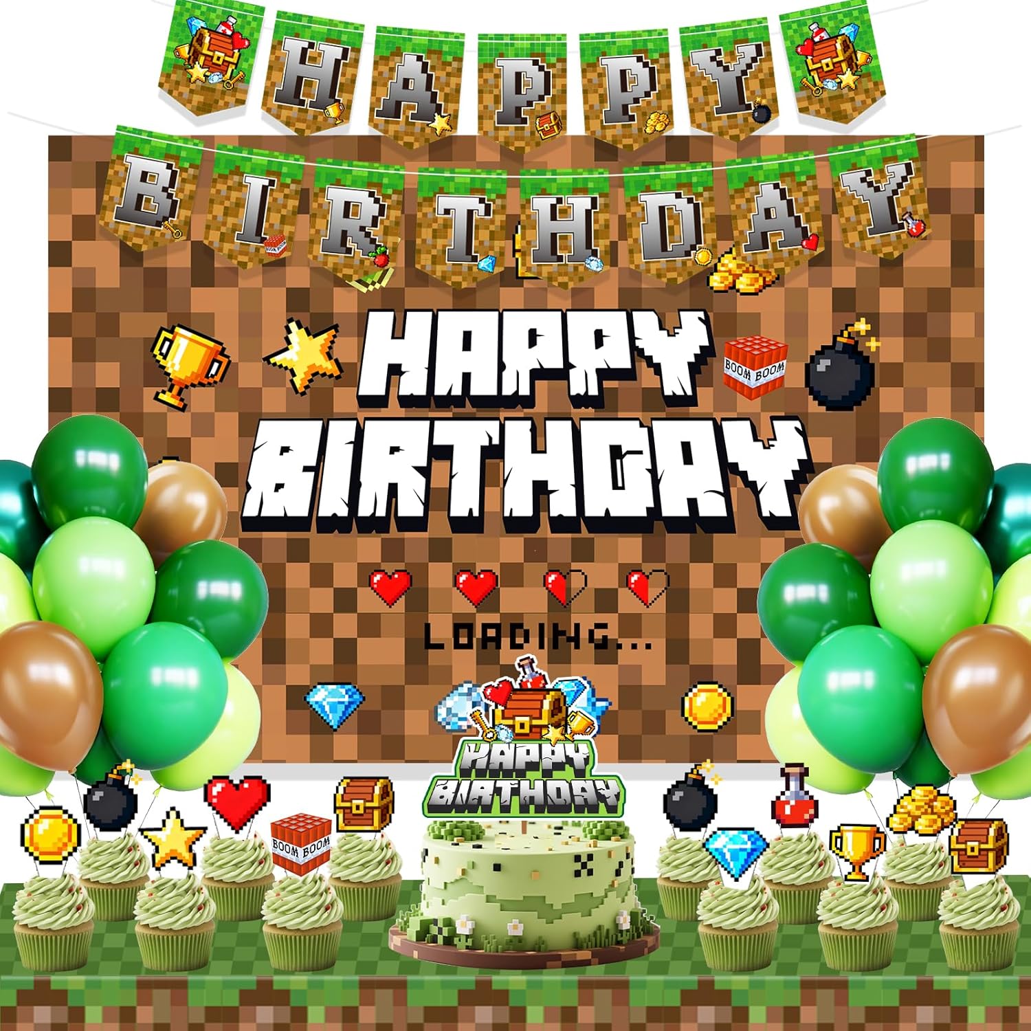 Pixel Game Birthday Party Decoration Supplies with Happy Birthday Banner, Backdrop, Latex Balloons,Cake & Cupcake Toppers for Miner Pixel Gamer