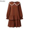 ZANZEA Women Casual Doll Collar Loose Long Sleeve Elegant Dress