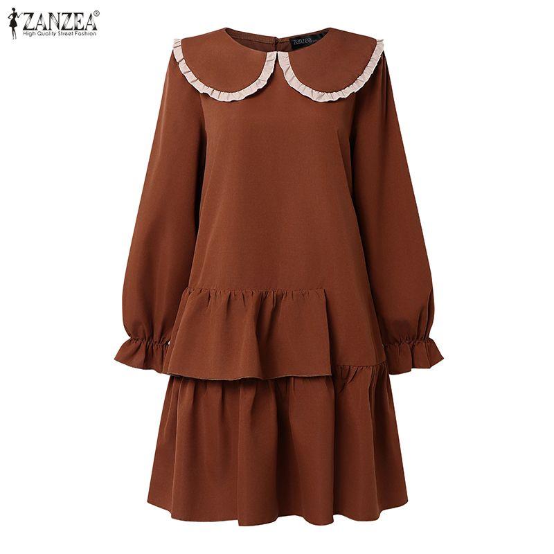 ZANZEA Women Casual Doll Collar Loose Long Sleeve Elegant Dress