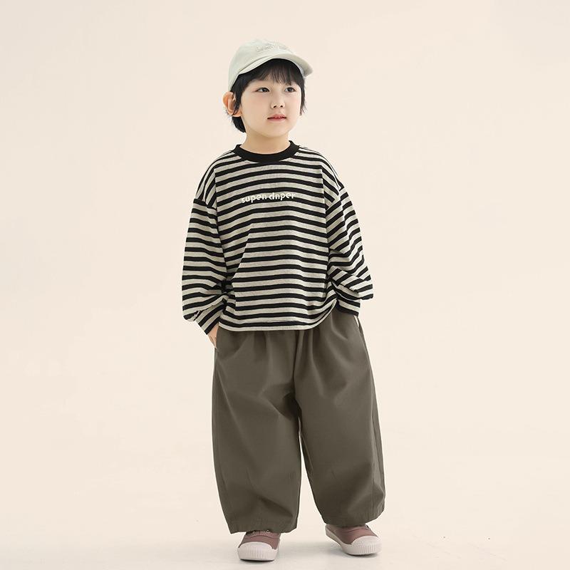 Boys Kids Crew Neck Long Sleeve Striped Casual T Shirt Spring Autumn Top