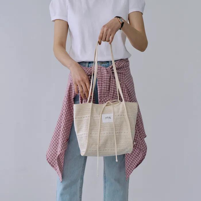 Embroidered Lace Double Canvas Shoulder Bag _ [Natural]