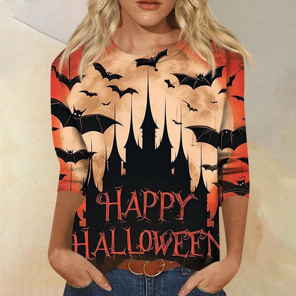 Women's Fashion Casual Round Neck Three-quarter Sleeve Halloween Printed T-shirt Top