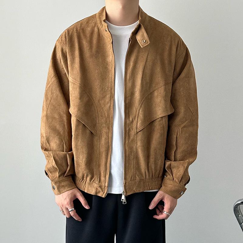 Retro Stand Collar Harrington Jacket for Couples – Solid Color, Loose Fit, Casual Bomber Style