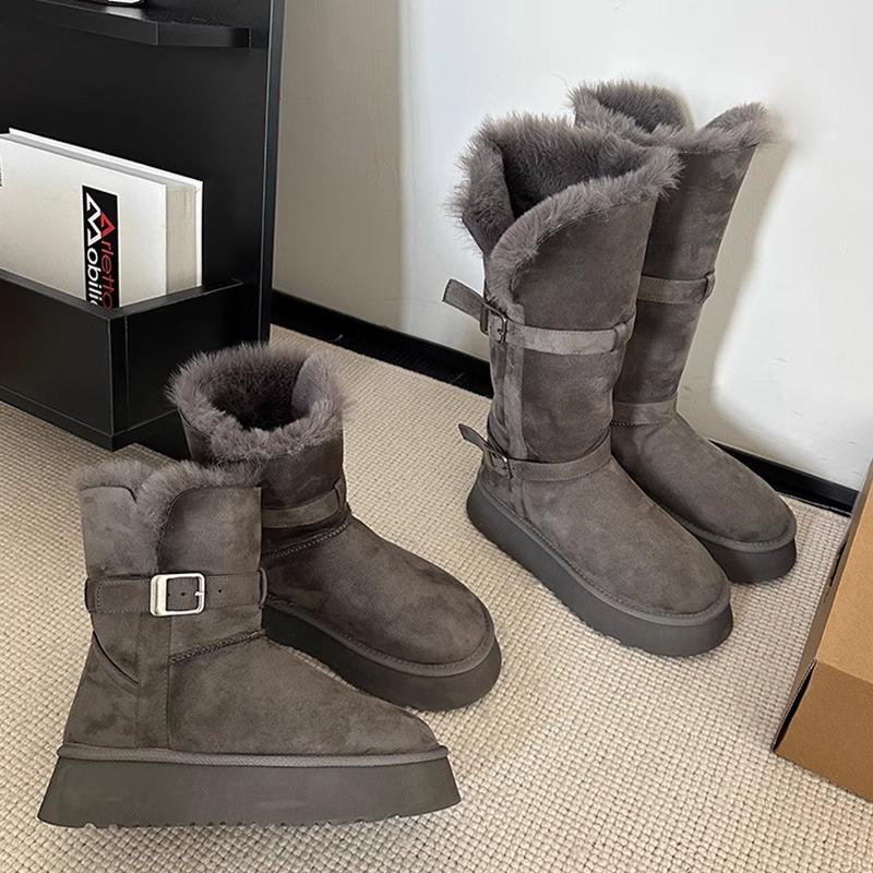 Gray Snow Boots for Women's Winter New Thick-soled Heightening Piled Thickened Long-tube Snow Cotton Shoes for Women