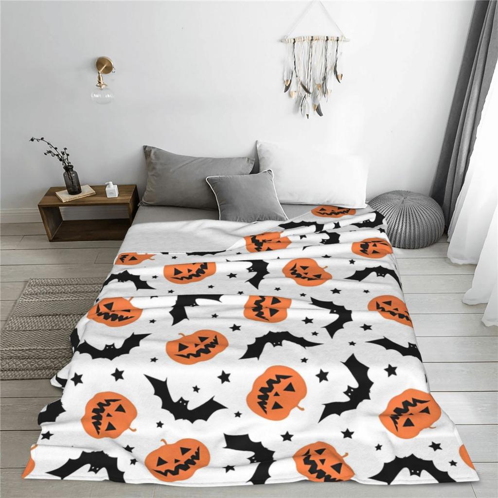 Halloween Pumpkins Spooky Knitted Blankets Fleece Bat Gothic Cartoon Soft Throw Blankets for Bedroom Sofa Bed Rug