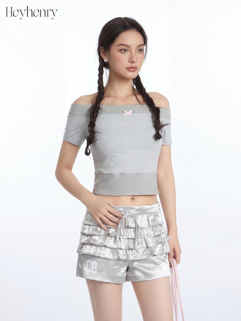 HeyHenry Women's Korean-Style Polka Dot Bow One-Shoulder Slimming Top