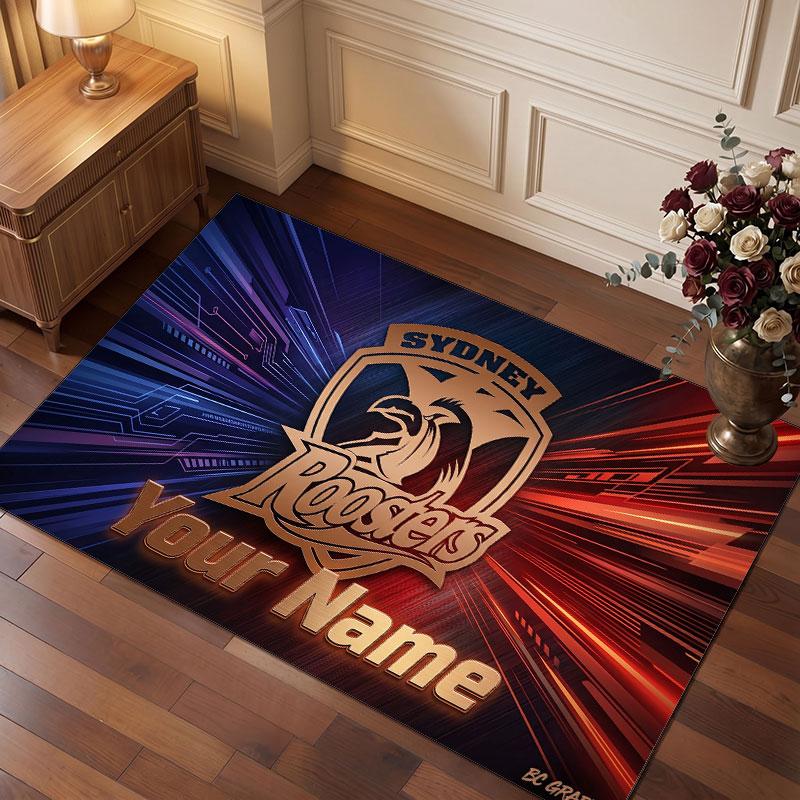 Sydney Roosters Personalized Crystal Velvet Carpet, Customized Name Text Soft Anti‑Slip Rug for Living Room Bedroom