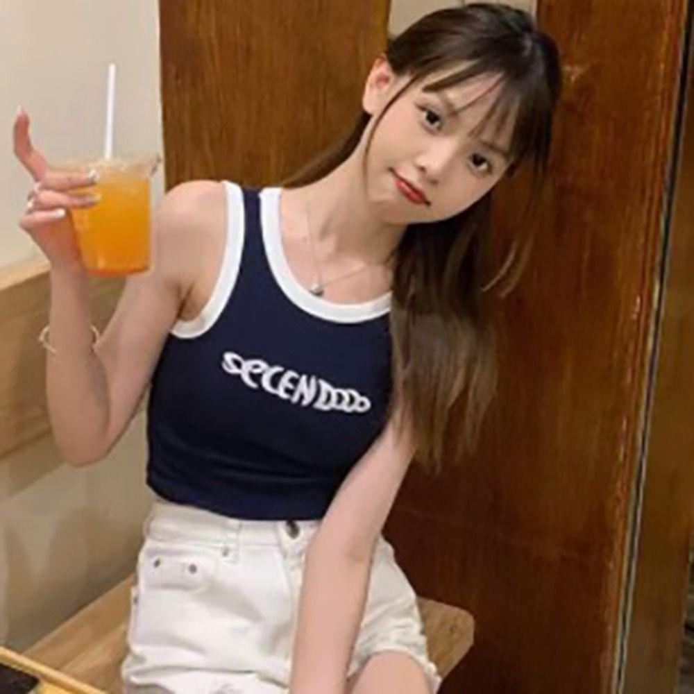 Letter Women's Knit Vest Top Sweet Sleeveless Camisole Fashion Slim Crop Top Travel