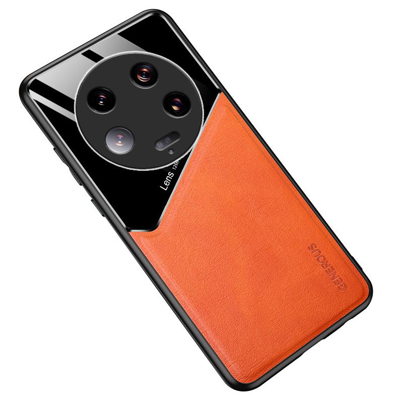 

For Xiaomi 13 Ultra Protective Cover PU Leather Coated TPU+PC Phone Case with Car Mount Metal Sheet Orange