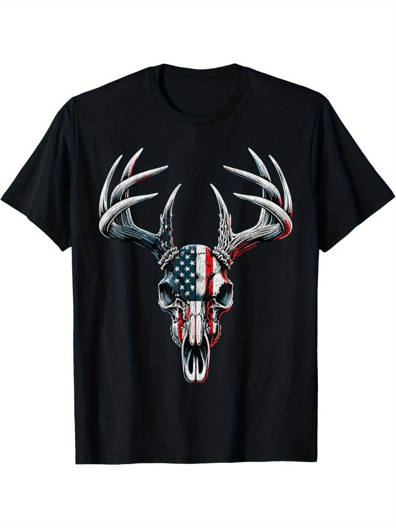 American Flag Skull Deer Antler Graphic T-shirt S