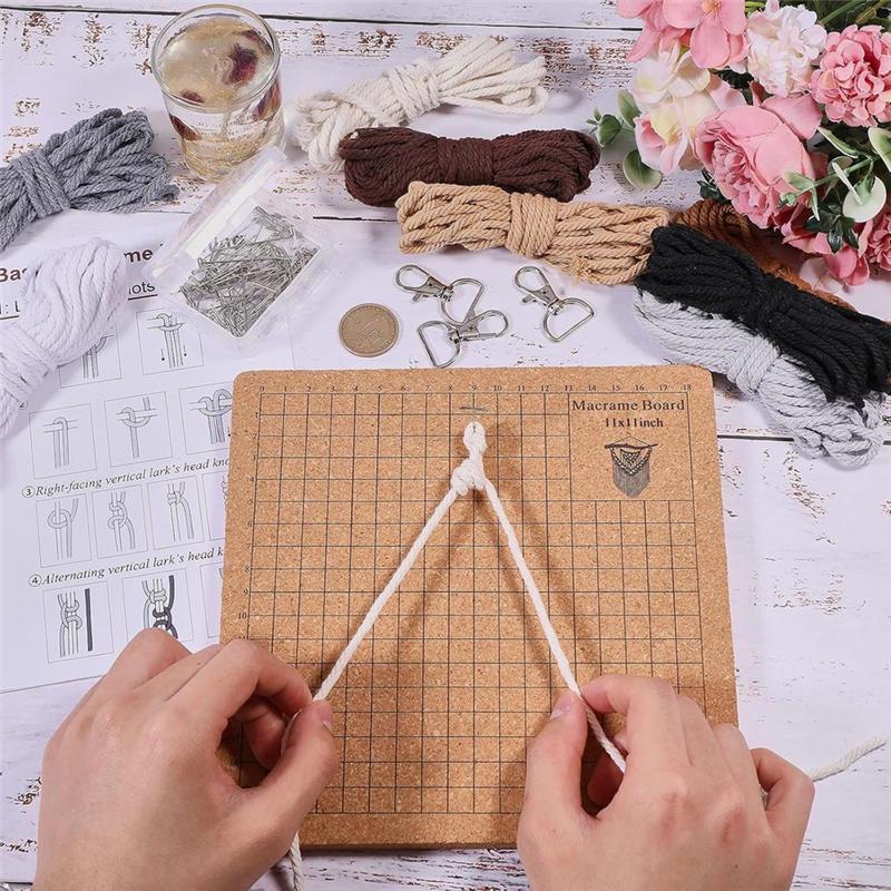 Wood Wooden Macrame Board 11X11 Inch With 40 Meter Cotton Cord, 10Pcs Keychains, Pins Set For Braiding Weaving Supplies Kit