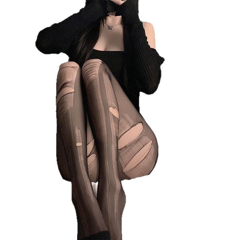 Ultra-thin Black Silk Open Crotch Bodysuit: Hand-tear Sexy See-through Cross Stockings