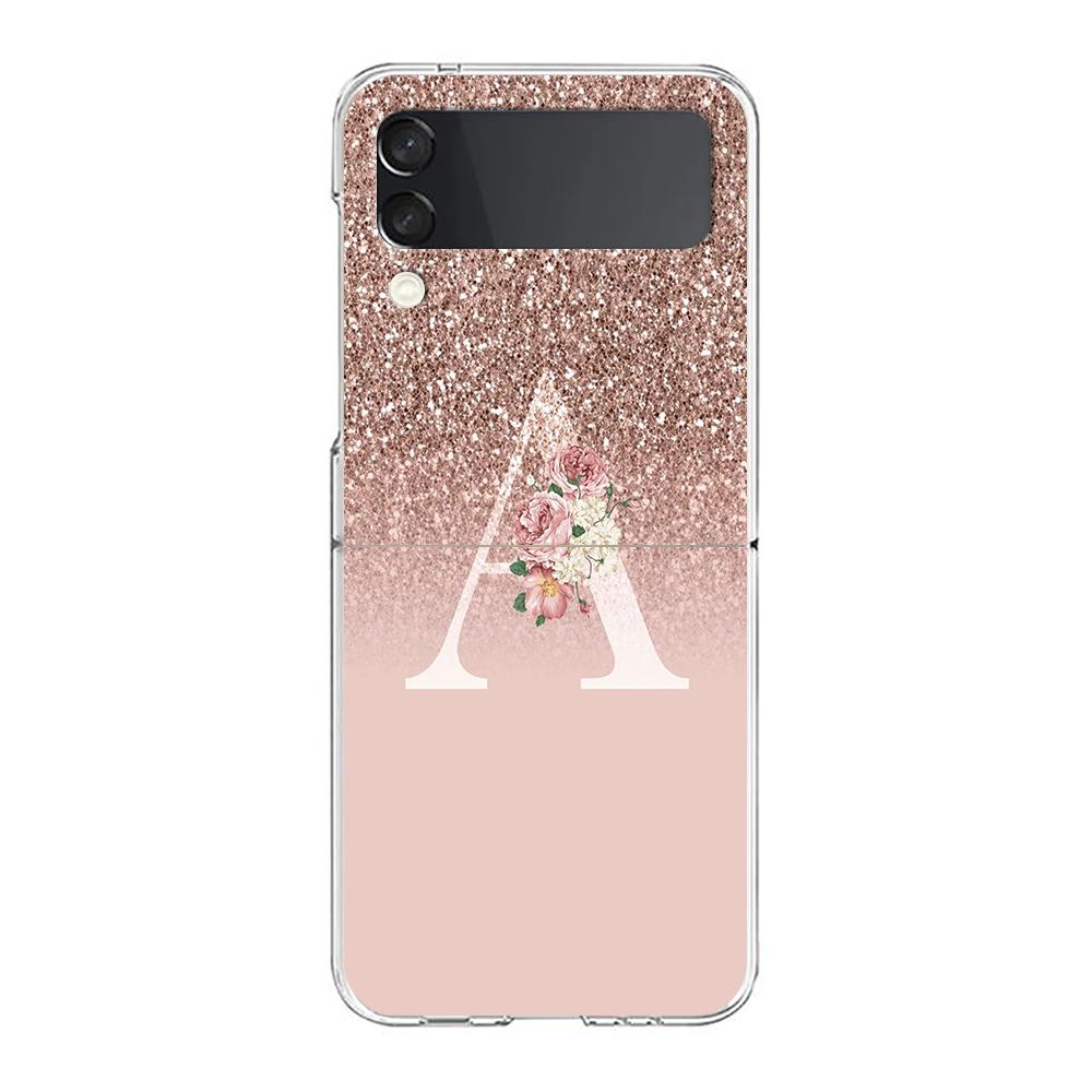 Letter Pink Shiny M R Phone Case For Samsung Galaxy Z Flip 3 4 5 Hard Folding Clear PC Bumper For Samsung Z Flip 6 Cover