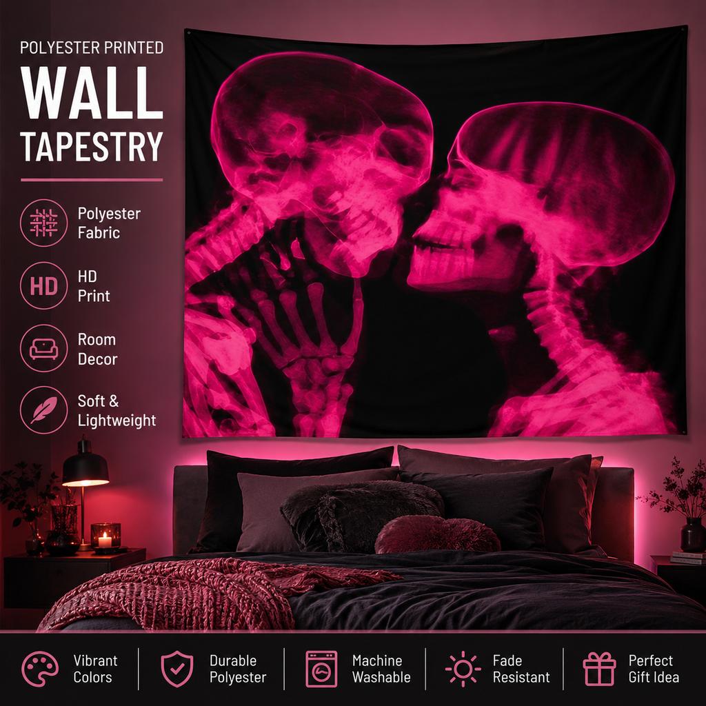 Gothic Romantic Skeleton Lovers Tapestry Pink Magenta Skull Wall Art Flat Print Aesthetic Room Decor Living Room Backdrop