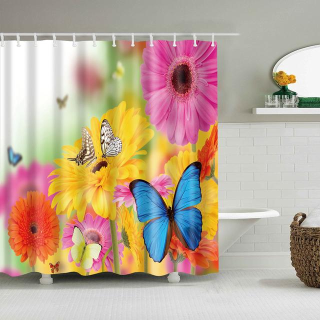 Chinese Style Flower Branch Landscape Shower Curtain 3D Printing Sunflower Bathroom Accessories Sets Waterproof Polyester Screen