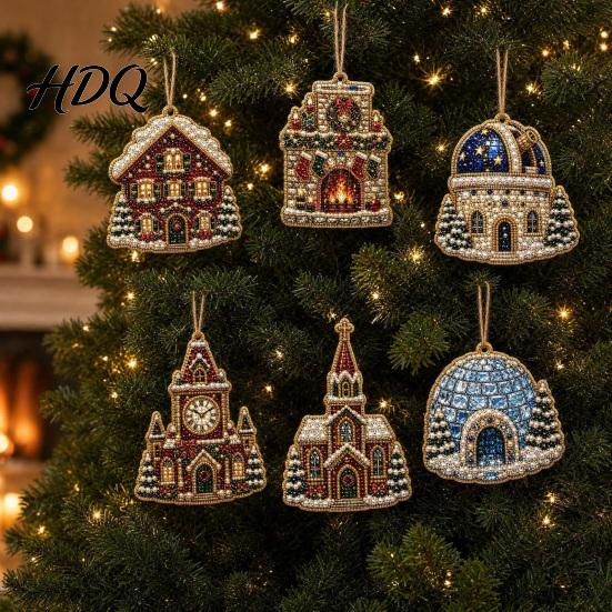Decorative Ornaments for Dormitories 6 Pcs Christmas DIY Faux Pearl Painting Kit Ornaments Rhinestone Art Indoor Outdoor Party Decor Tree Hanging