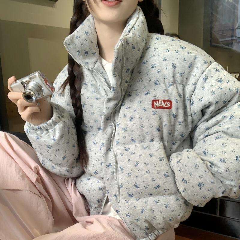 Women's winter new retro short floral stand-up collar cotton clothes loose and thickened warm trendy jacket
