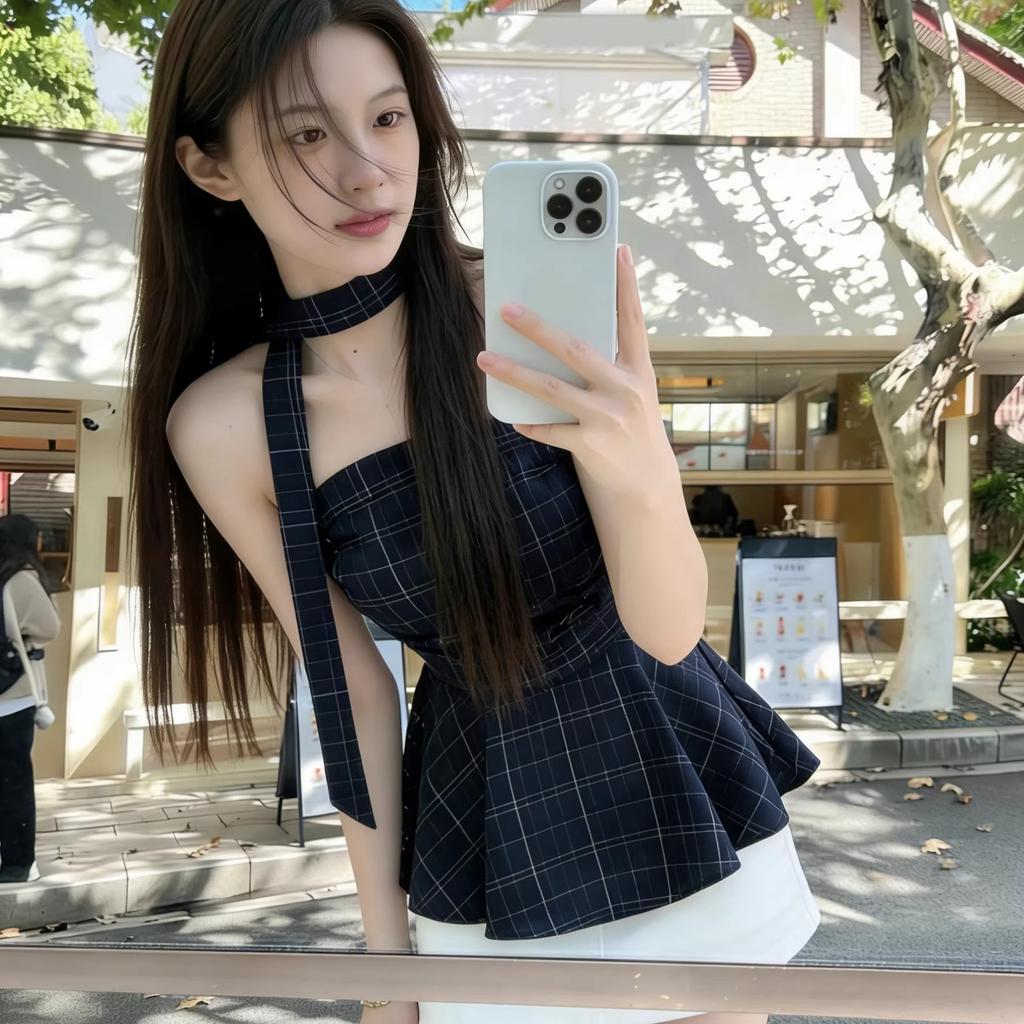 Plaid blue tube top suspender vest women's summer new pure lust Spice Girl sleeveless T-shirt top ins