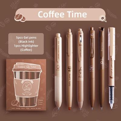 6pcs Coffee Time Gel Pens Highlighter Set 0.5mm Ballpoint Black Color Ink Marker for Writing
